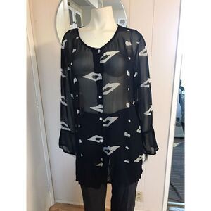 Rene Derhy Collection Womens Medium Sheer Blouse Black White Ruffle Bottom